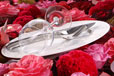 verre couvert et assiette posés sur des fleurs
