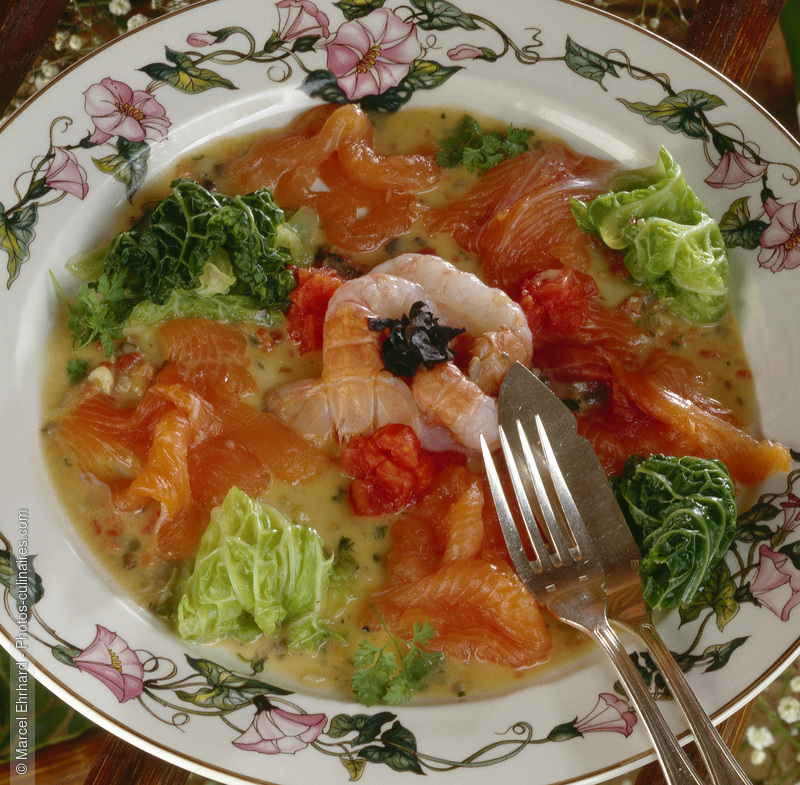 Saumon au riesling cerfeuil et langoustines au chou - photo r&eacute;f&eacute;rence PO256.jpg